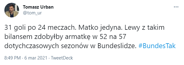 W TYLU SEZONACH Bundesligi aktualne 31 goli dawałoby już Lewemu KORONĘ KRÓLA STRZELCÓW O.o